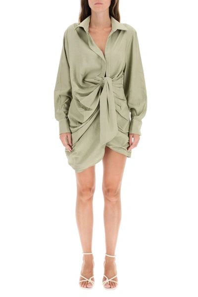 Shop Jacquemus Bahia Knotted Mini Shirt Dress In Green