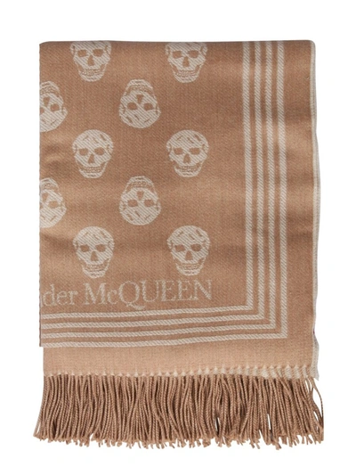 Shop Alexander Mcqueen Skull Fringed Scarf In Beige