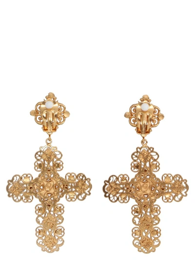 Shop Dolce & Gabbana Docle & Gabbana Embellished Cross Earrings In Gold