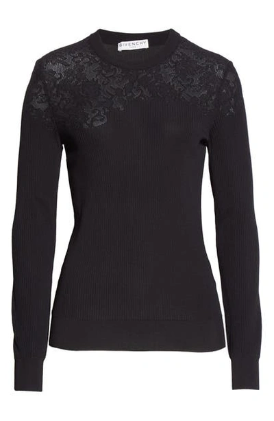 Shop Givenchy Lace Shoulder Ribbed Sweater In Black