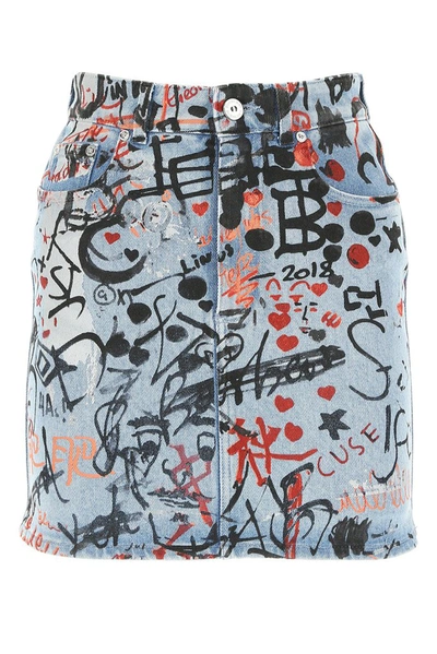 Shop Burberry Graffiti Print Washed Denim Mini Skirt In Multi