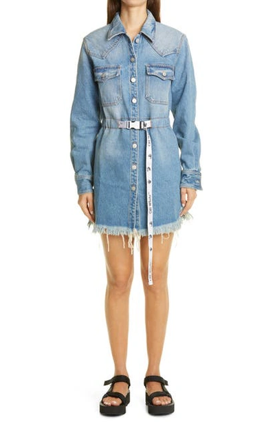 Shop Off-white Logo Embroidered Belted Denim Mini Shirtdress In Light Blue White