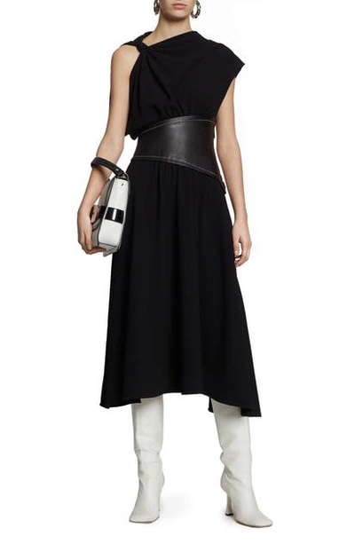 Shop Proenza Schouler Leather Waist Asymmetrical Crepe Midi Dress In Black/ Black