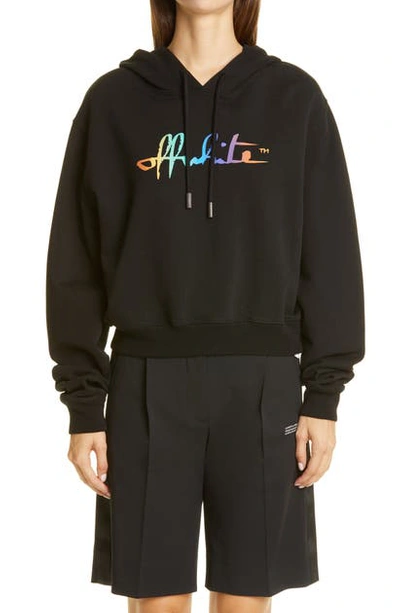 Shop Off-white Rainbow Script Logo Crop Cotton Hoodie In Black Multi