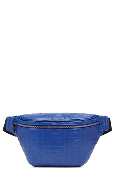Shop Fendi Ff Logo Embossed Leather Belt Bag In Neon Blue Palladium