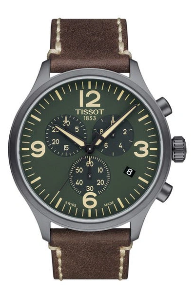 Shop Tissot Chrono Xl Leather Strap Chronograph Watch, 45mm In Brown/ Green/ Black
