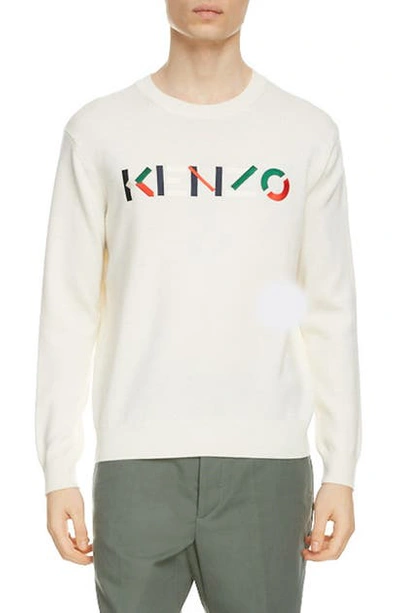 Shop Kenzo Embroidered Logo Crewneck Wool Sweater In Ecru