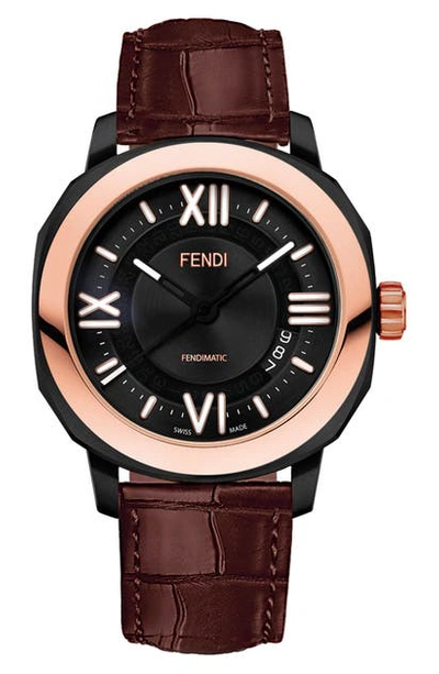 Shop Fendi Selleria Leather Strap Watch, 42mm In Brown/ Black/ Rose Gold