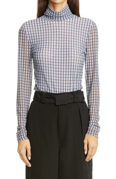 Shop Ganni Houndstooth Print Mesh Turtleneck In Heather