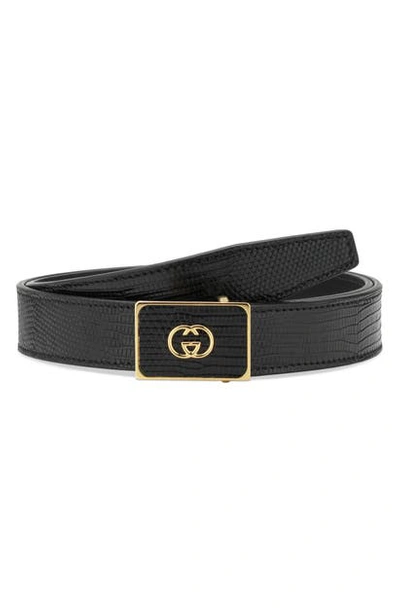 Shop Gucci Interlocking-g Logo Plaque Lizard Embossed Leather Belt In Black