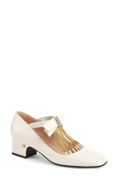 Shop Gucci Bonny Crystal & Chain Embellished Bow Pump In Dusty White