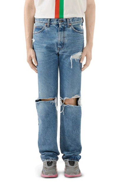 Shop Gucci Ripped Eco Washed Organic Cotton Jeans In Light Blue