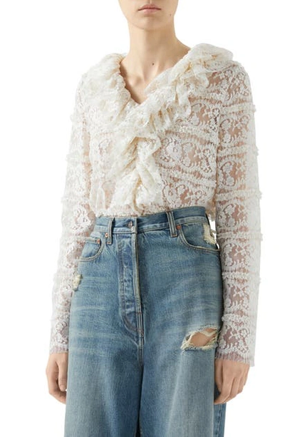 Shop Gucci Floral Lace Top In Ivory