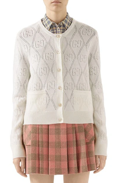 Shop Gucci Gg Pointelle Crop Wool Cardigan In Ivory