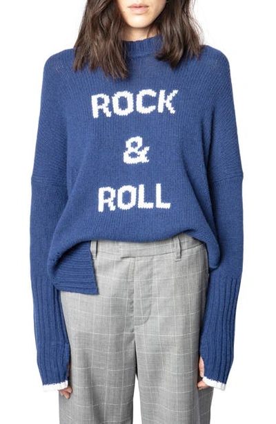 Shop Zadig & Voltaire Malta Merino Wool Rock & Roll Intarsia Sweater In Bleu Chine
