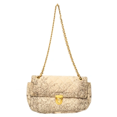 Pre-owned Prada Light Cream Floral Print Quilted Satin Flap Chain Bag