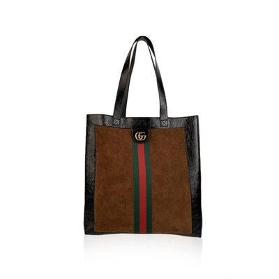 Shop Gucci Tan Suede Signature Web Ophidia Large Tote Bag Leather Trim In Brown