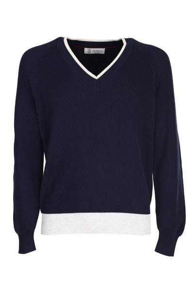Shop Brunello Cucinelli Blue Cotton Sweater