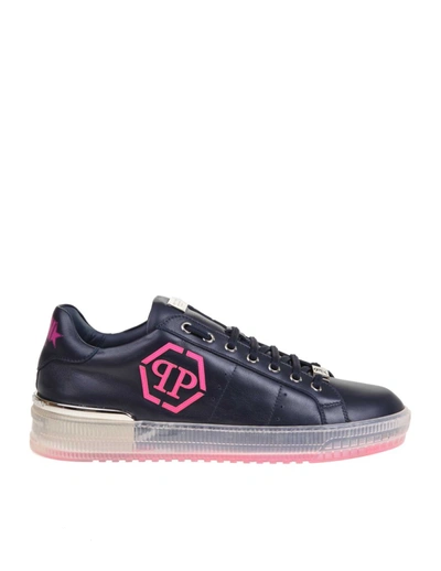 Shop Philipp Plein Blue Leather Sneakers