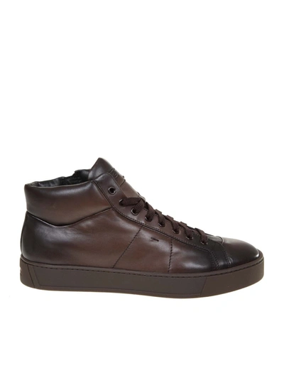 Shop Santoni High Sneakers In Leather And Brown Color