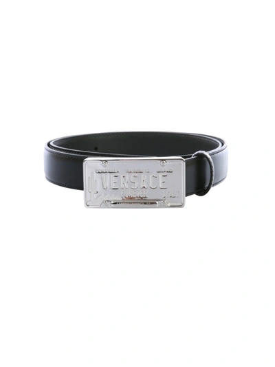 Shop Versace Black Leather Belt In White
