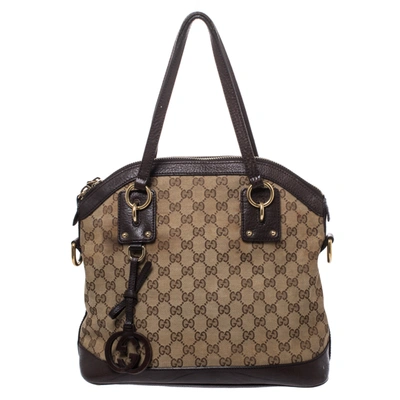 Pre-owned Gucci Beige/brown Gg Canvas Interlocking Gg Charm Top Handle Bag