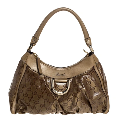 Pre-owned Gucci Gold/beige Gg Crystal And Leather D Ring Hobo