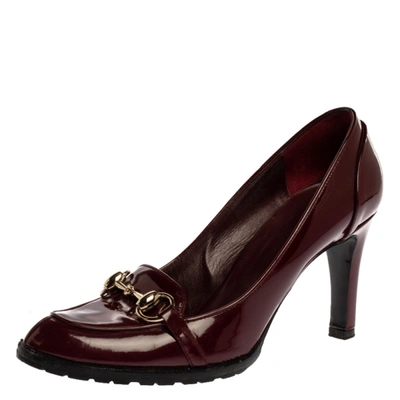 Pre-owned Gucci Burgundy Patent Leather Horsebit Loafers Pumps Size 37