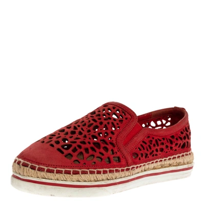 Pre-owned Jimmy Choo Red Cut Out Leather Dawn Slip On Espadrille Flats Size 35.5