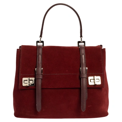 Pre-owned Prada Burgundy Suede And Leather Medium Single Flap Top Handle Bag