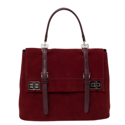 Pre-owned Prada Burgundy Suede And Leaather Medium Single Flap Top Handle Bag