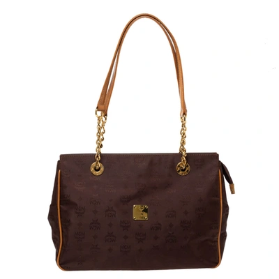 Pre-owned Mcm Brown Visetos Nylon And Leather Chain Tote