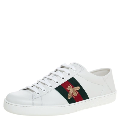 Pre-owned Gucci White Leather Embroidered Bee Ace Low Top Sneakers Size 41