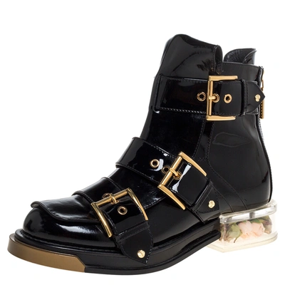 Pre-owned Alexander Mcqueen Black Patent Leather Flower Detail Three Buckle Boots Size 36