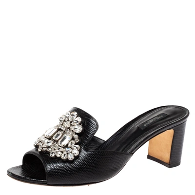 Pre-owned Dolce & Gabbana Black Lizard Embossed Leather Crystal Embellished Slide Sandals Size 40