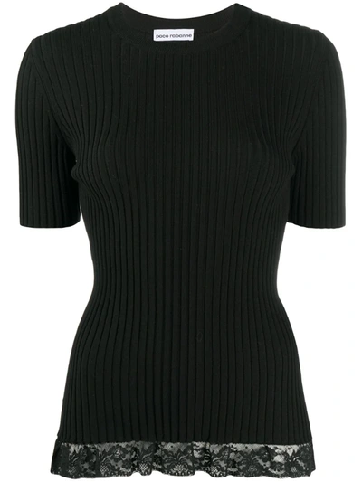 Shop Rabanne Ribbed Knit Lace-panelled Top In Black