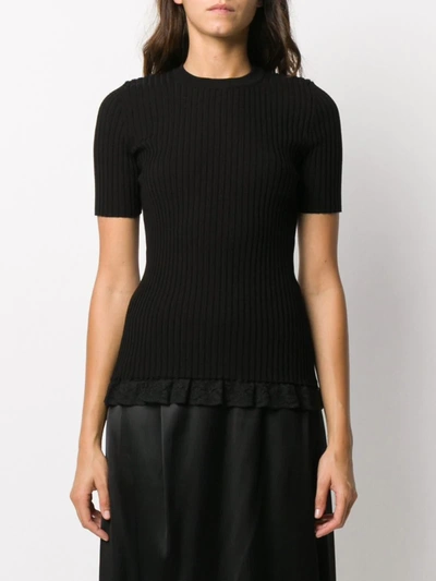 Shop Rabanne Ribbed Knit Lace-panelled Top In Black