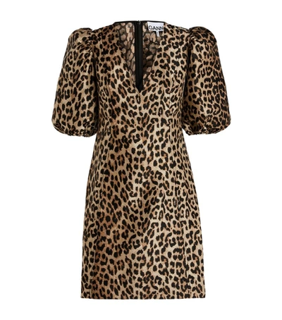 Shop Ganni Leopard Puff-sleeve Mini Dress