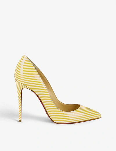 Shop Christian Louboutin Pigalle Follies 100 Striped Patent Leather Courts In Banana-bianco