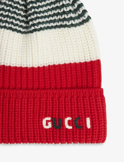 Shop Gucci Kids Striped Wool Bobble Beanie Hat 4-12 Years In Red/green/white