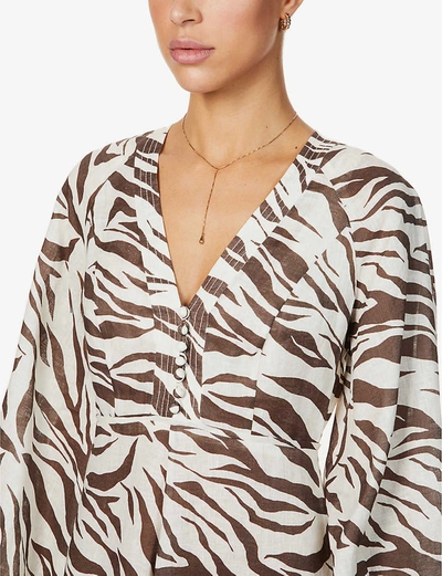 Shop Zimmermann Fiesta Puff-sleeve Animal-print Linen Maxi Dress In Zebra