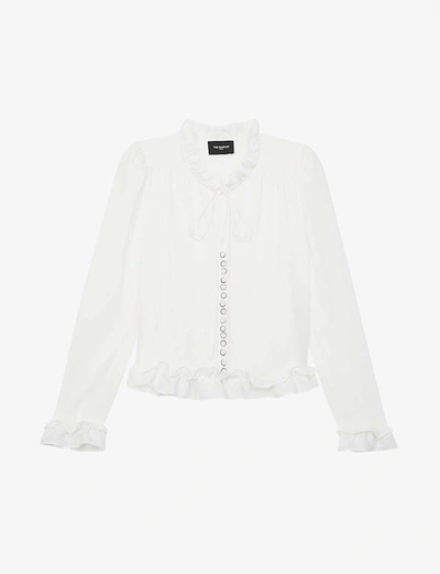 Shop The Kooples Womens Ecr01 Ruffle-trim Silk-satin Top M