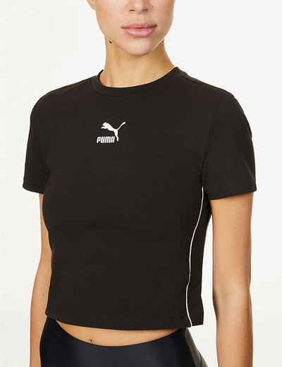Shop Puma Classics Logo-print Cropped Cotton-blend Jersey T-shirt In  Black