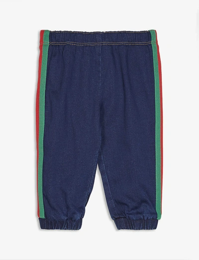 Shop Gucci Blue/multi Web Striped Denim Trousers 6-36 Months 24 Months