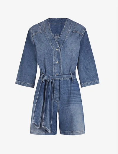 Shop Allsaints Abbey Waist-tie Denim Playsuit In Indigo Blue