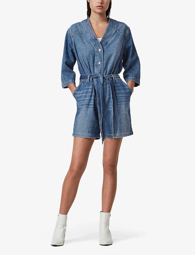 Shop Allsaints Abbey Waist-tie Denim Playsuit In Indigo Blue