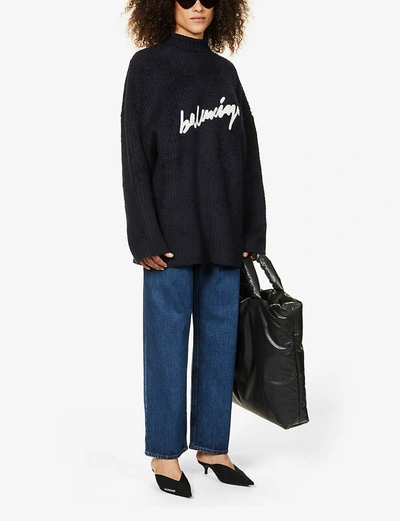 Shop Balenciaga Logo-intarsia Cotton-blend Knitted Jumper In Navy
