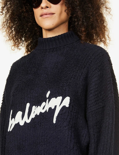 Shop Balenciaga Logo-intarsia Cotton-blend Knitted Jumper In Navy