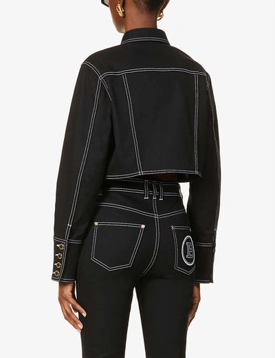 Shop Balmain Button-embellished Cropped Stretch-denim Jacket