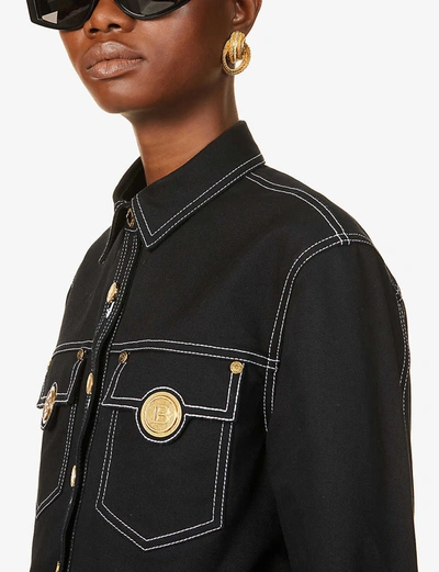 Shop Balmain Button-embellished Cropped Stretch-denim Jacket